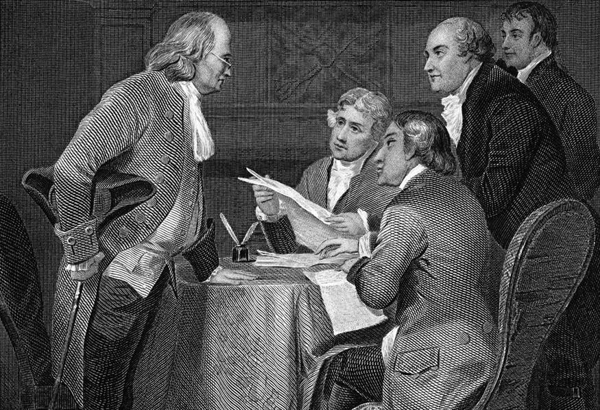 Μπέντζαμιν Φράνκλιν, Τόμας Τζέφερσον και Τζον Άνταμς μελετούν τη Διακήρυξη της Ανεξαρτησίας