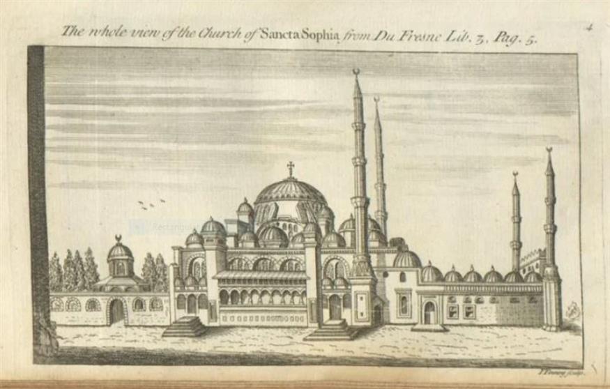 Η Αγία Σοφία της Κωνσταντινούπολης με σταυρό στον κεντρικό τρούλο. Σε έργο του Γάλλου περιηγητή, τοπογράφου και μεταφραστή Πέτρου Γύλλιου που τυπώθηκε το 1729 (πηγή: pontosnews.gr / Βιβλιοθήκη Πανεπιστημίου Σικάγου)