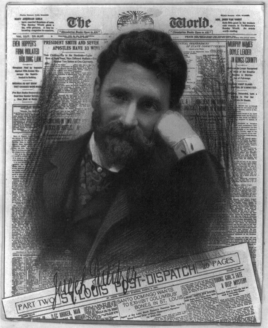 Ο Πούλιτζερ σε ένα κολάζ με τις εφημερίδες του