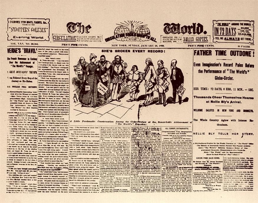 Το πρωτοσέλιδο της «New York World», στις 26 Ιανουαρίου 1890, με τίτλο το ταξίδι της παγκόσμιας ρεπόρτερ γύρω από τον κόσμο Nellie Bly, σε χρόνο ρεκόρ 72 ημερών, 6 ωρών, 11 λεπτών. /copyright Ap Photo