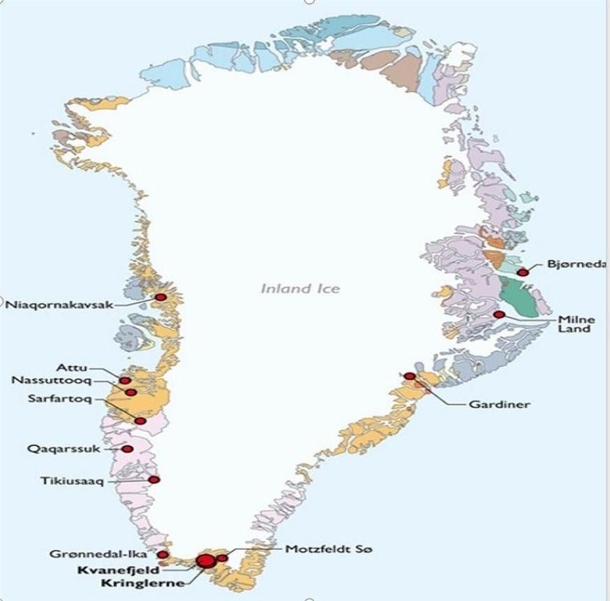 Γνωστά κοιτάσματα σπάνιων γαιών στην Γροιλανδία.