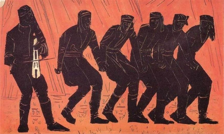 «Πυρρίχιος χορός», 70Χ100 εκ., λαδοτέμπερα, Βάλιας Σεμερτζίδης, 1972. (φωτ.: Λεύκωμα «Από τον Πόντο και τη Μικρασία στον Πειραιά, εδώ… στη Δραπετσώνα» της Ένωσης Ποντίων Πειραιώς-Κερατσινίου-Δραπετσώνας)