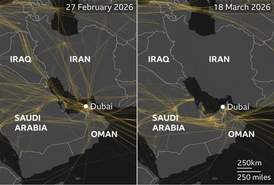 Γράφημα που απεικονίζει την εναέρια κυκλοφορία στη Μέση Ανατολή τον Φεβρουάριο και τον Μάρτιο αντίστοιχα (BBC)