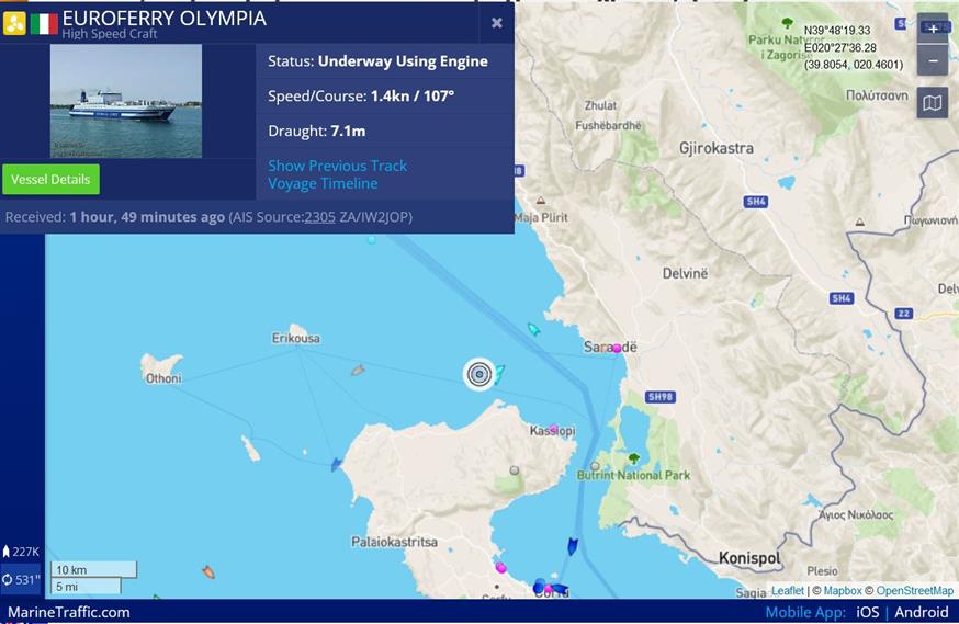 Euroferry Olympia - Το στίγμα του στο ναυτικό χάρτη